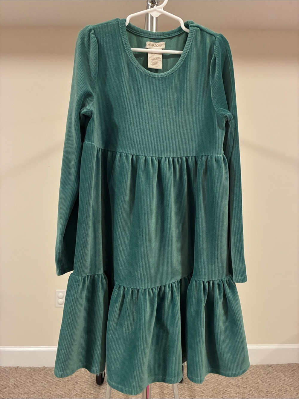 Cynthia Rowley Girls’ Teal Corduroy Tiered Long-Sleeve Dress